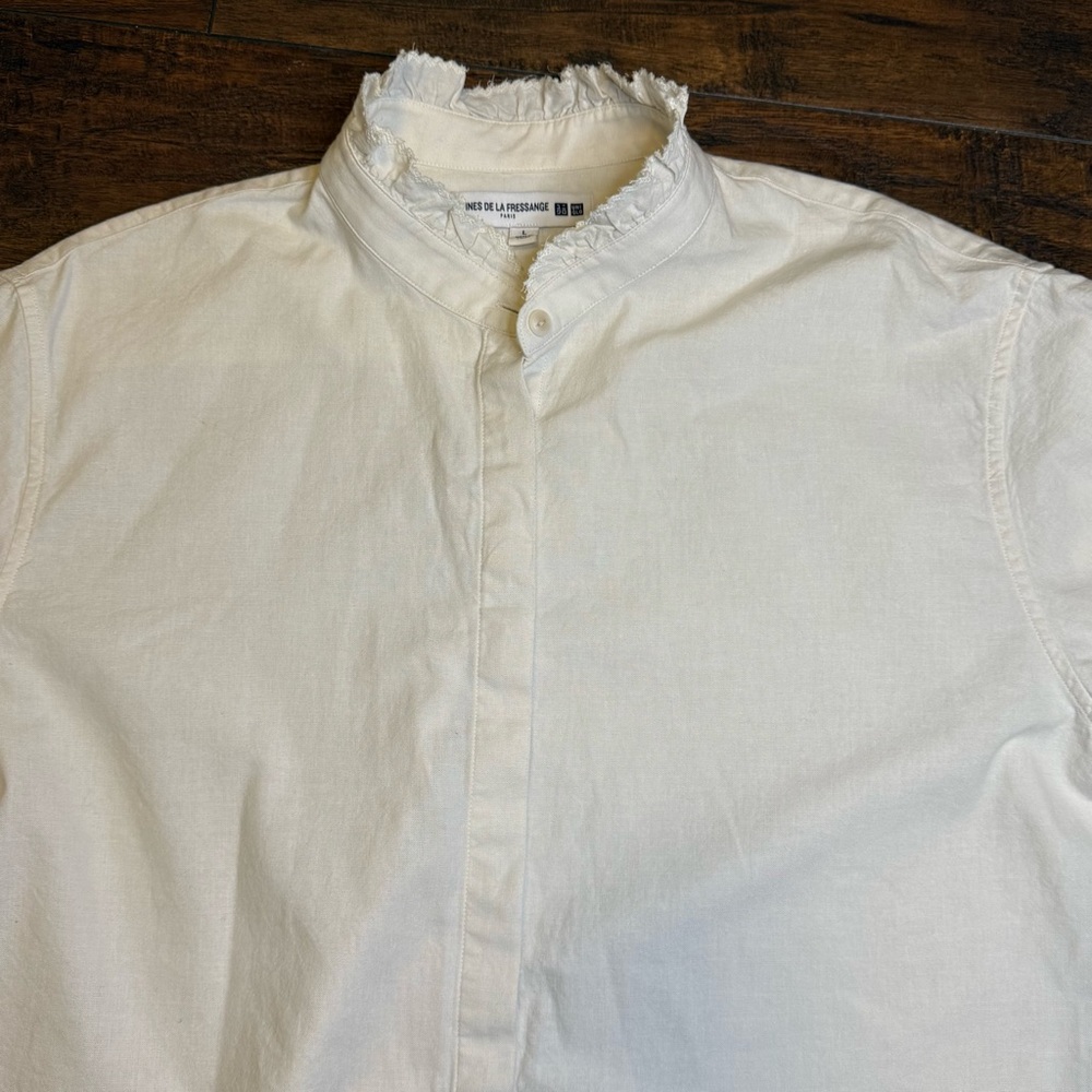 Ines de la Fressange x Uniqlo Ruffle Collar 100% Cotton Button-Up L French Chic - Picture 7 of 16